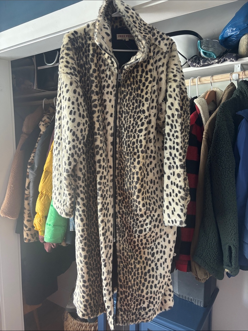 Free People Cream and Black Leopard Faux-Fur Zip-Front Coat